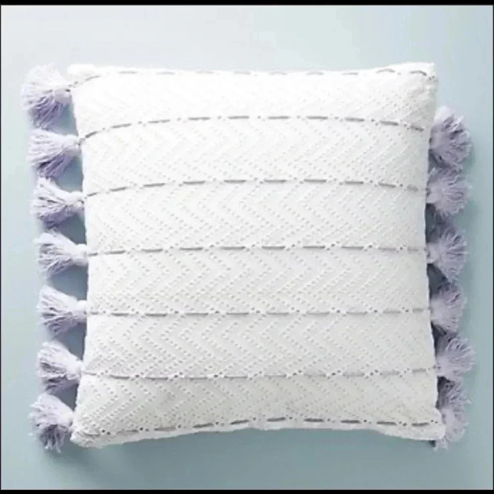 Anthropologie tasseled eyelet lavender pillow white purple tassels 22x22 square